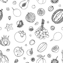 Pattern of exotic fruits on a white background. The sketch of the food is a line.