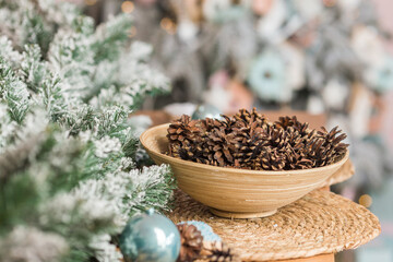cones on wooden background