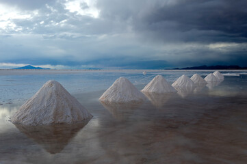 Salt cones, Salar de Uyuni at sunset, Potosi, Bolivia