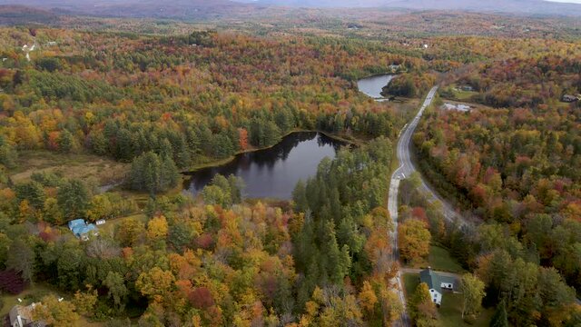 Autumn Foliage of New England Region of America - Aerial Establishing Static Drone View