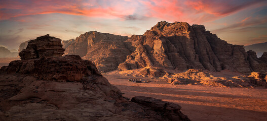 Beduin camp at sunrise in Wadi Rum desert, Jordan