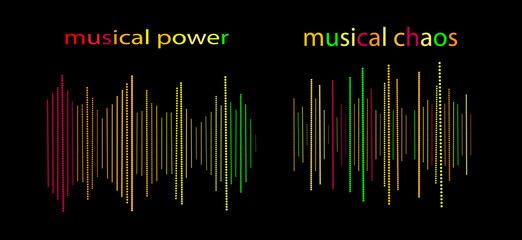 Colorful halftone lines of different sizes on a black background with the inscription the power of music and musical chaos. Sound waves illustration design template. Vector sound wave ico
