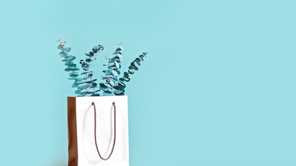 Eucalyptus branches are in a white paper bag with handles. Decor concept for living quarters, shops or offices. Copy space.