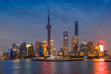 Pudong financial district skyline at night, Shanghai, China