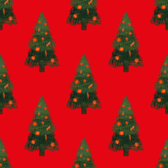 Fototapeta premium Christmas fir trees in a seamless pattern, modern hand draw design. Winter background. Can be used for printed new year materials - leaflets, posters, business cards or for web