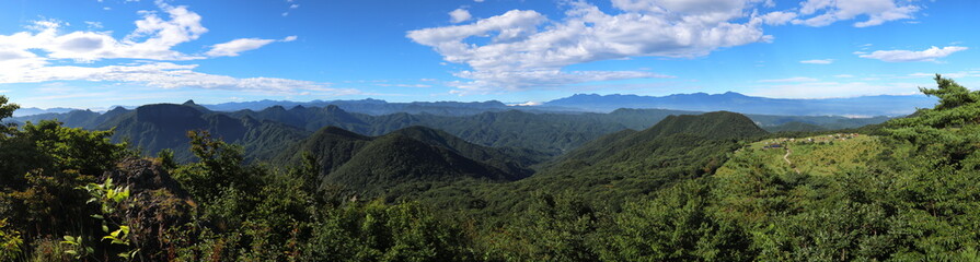 展望台から群馬県・西上州の山々とキャンプ場を見る (パノラマ)