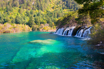 Sparkling lake Cascades, Jiuzhaigou National Park, Sichuan Province, China, Unesco World Heritage...