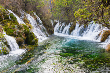 Sparkling lake, Double cascade, Jiuzhaigou National Park, Sichuan Province, China, Unesco World Heritage Site