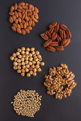 almond, pine, pecan nuts, walnuts, hazelnuts in piles on a grey table