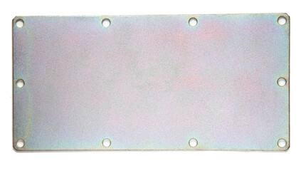 metal galvanized rectangular plaque with holes on the edges isolated on white background