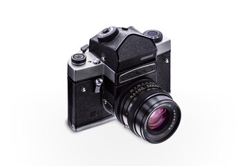 Vista tre quarti  fotocamere vintage su sfondo bianco, medio formato, 6x6
