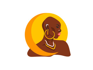 Hand drawn vector abstract stock flat graphic illustration with ethnic tribal black beautiful african american woman and golden earrings and moon in simple style ,isolated on white background