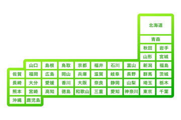 日本地図都道府県別マップ緑色白バック、ベクターイラスト素材