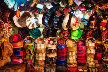 Bright leather bags on the Moroccan market.