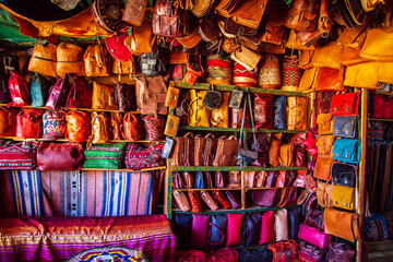 Bright  leather bags in the Moroccan market.