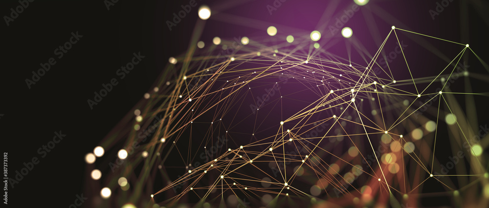 Poster Global network 3D illustration. Visualization of neural connections in artificial intelligence. Abstract, high tech, full color background with polygonal mesh elements