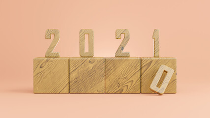 3d render of wood cubes on happy new year 2021 concept