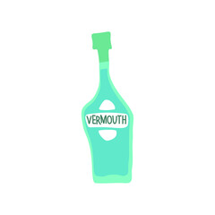 Vermouth bottle on white background. Cartoon sketch graphic design. Doodle style. Hand drawn image. Party drinks concept. Freehand drawing style