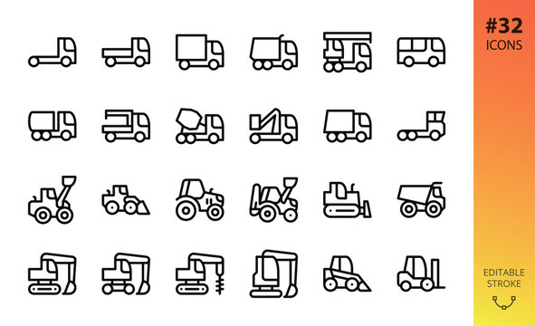 Heavy and construction machinery, trucks and tractors isolated icons set. Set of crane, cement mixer truck, transporter, front loader, farm tractor, dumper, crawler excavator, forklift vector icon