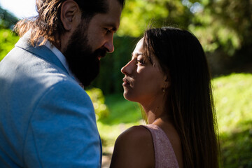 couple in love embrace outdoor on romantic date, love relations