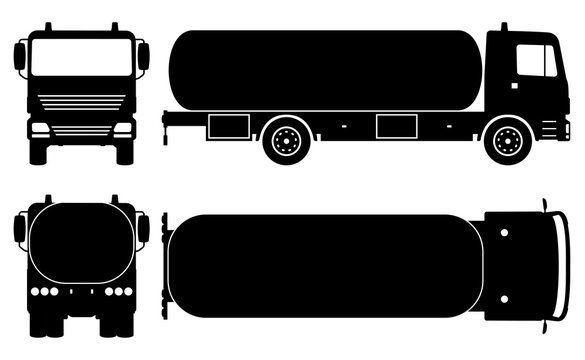 Tanker truck silhouette on white background. Vehicle monochrome icons set view from side, front, back, and top