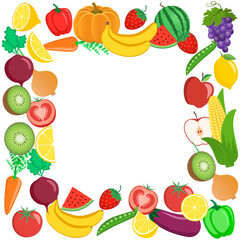 Vegetables and fruits in a frame. Watermelon, pumpkin, carrot, tomato, apple, onion, eggplant, banana, strawberry, beet, pepper, corn, peas, kiwi, lemon, grapes  Vector illustration