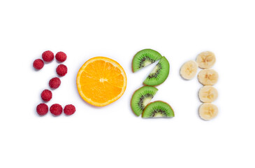 New year 2021 made of fruit and berries on white background, top view.