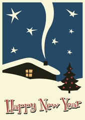 Christmas Greeting Card, Mid Century Modern Postcard Style Illustration 
