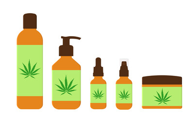 CBD oil cosmetic products in different bottles. Natural hemp cosmetic for skin and hair isolated on white background. Medical cannabis, сannabidiol. Vector flat illustration