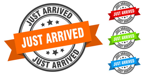 Obraz premium just arrived stamp. round band sign set. label