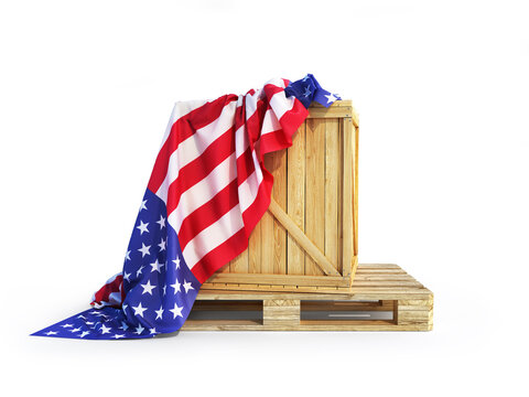 wooden boxes cover U.S Flag isolated. U.S goods concept. 3d illustration