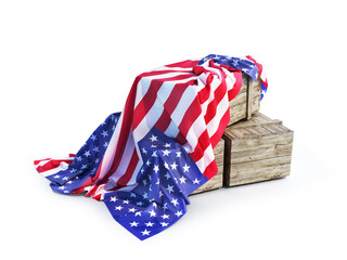 Fototapeta premium wooden boxes cover us flag isolated. u.s. goods concept. 3d illustration