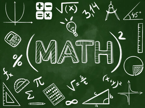 Mathematics icons on chalkboard. Math education