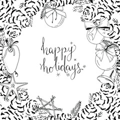 Pretty card with Christmas decoration. Round garland decorated with season festive elements. Calligraphy phrase Happy Holidays. For season greeting cards, posters,advertisement. Vintage style.