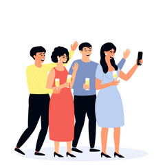 Obraz premium The concept of a festive mood among friends. Friends take a selfie at the party. Friends are holding glasses of champagne. Isolated on white. Flat vector illustration. 