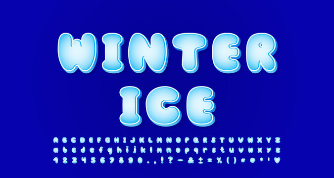 Winter cold ice alphabet. Cartoon bubble font with blue sky gradient colors. Cute frozen letters and numbers for cards, posters, banners of winter theme. Vector illustration