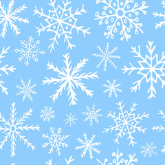 Snowflakes seamless pattern. Different kinds of hand drawn snowflakes isolated on sky blue background. Vector stock pattern. Design for wallpapers, curtains, greeting cards, holiday decor.