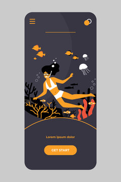 Woman in swimsuit and scuba diving mask snorkeling and watching ocean life with fish and reef. Vector illustration for beach activity, vacation by sea, underwater swimmer concepts
