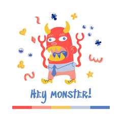 Halloween Doodle character Cute Monster Devil. Hand-drawn vector illustration with a Creature with Horns and small patterns. Mystery, All Saints Day concept of halloween party, posters, greeting cards
