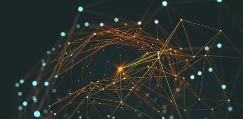 Abstract neural network 3D illustration. Big data concept. Global database and artificial intelligence. Bright, colorful background with bokeh effect