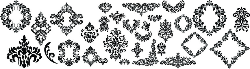 Set of Oriental vector damask patterns for greeting cards and wedding invitations.