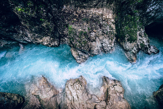 German and Austrian Leutschklamm canyon aerial gorge glacier blue water river and rocks