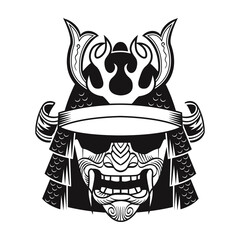 Samurai in black mask. Japan traditional fighter. Vintage isolated vector illustration. Military art and design elements concept