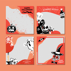 Happy Halloween Spell party promo sale social media banner template set with magic elements. Pumpkin, potion, candle, Ghost, skull, magic hat. Poster, banner, special offer with Copyspace