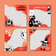 Fototapeta premium Happy Halloween Spell party promo sale social media banner template set with magic elements. Pumpkin, potion, candle, Ghost, skull, magic hat. Poster, banner, special offer with Copyspace