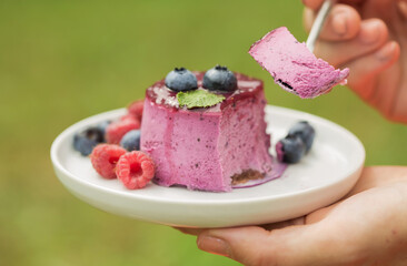 girl eating cake on family picnic by summer. Child holding  mini cake