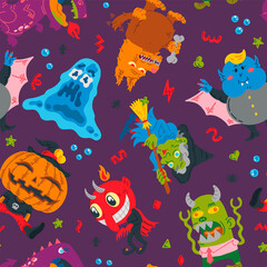 Fototapeta na wymiar Halloween Doodle Character seamless pattern. Hand-drawn vector illustration with Monster, Slime Slug, Wolf, Devil, Pumpkin, Witch, Dragon, Vampire. Mystery, For background, wallpaper, fabric, paper