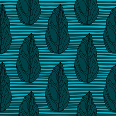 Dark turquoise botanic leaf shapes seamless doodle pattern. Outline foliage ornament on bright striped background.