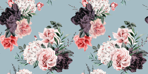 Seamless floral pattern with flowers on summer background, watercolor illustration. Template design for textiles, interior, clothes, wallpaper