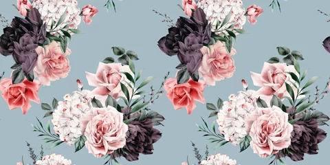 Fotobehang Naadloze bloemmotief met bloemen op zomerse achtergrond, aquarel illustratie. Sjabloonontwerp voor textiel, interieur, kleding, behang © ola-la